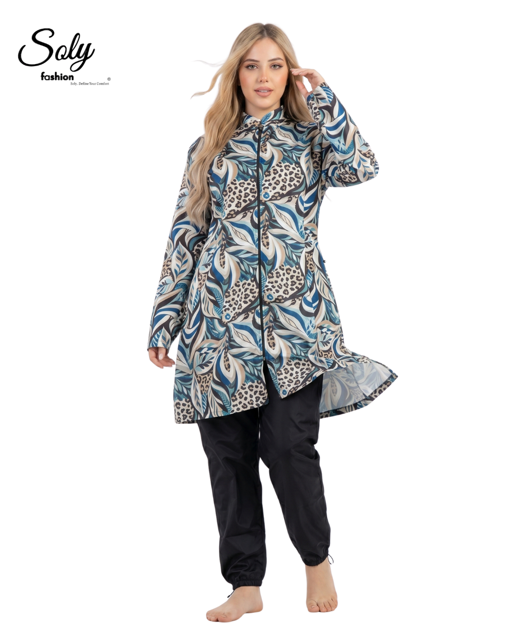 Classic Feather Print 3-Piece Burkini - Modest Swimsuit
