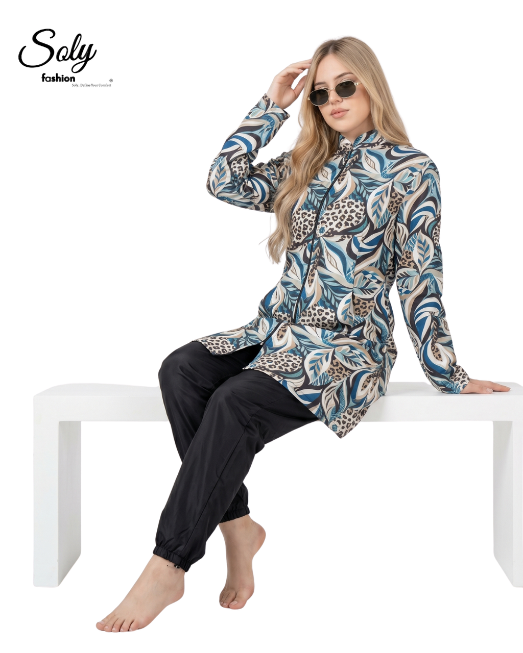 Classic Feather Print 3-Piece Burkini - Modest Swimsuit