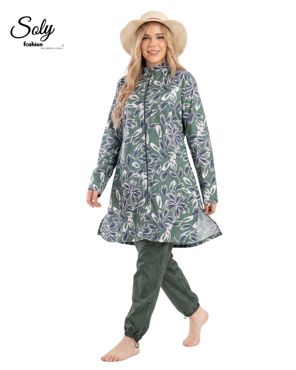 Midnight Daisy 3-Piece Burkini - Long Tunic Modest Swimsuit with Adjustable Leggings