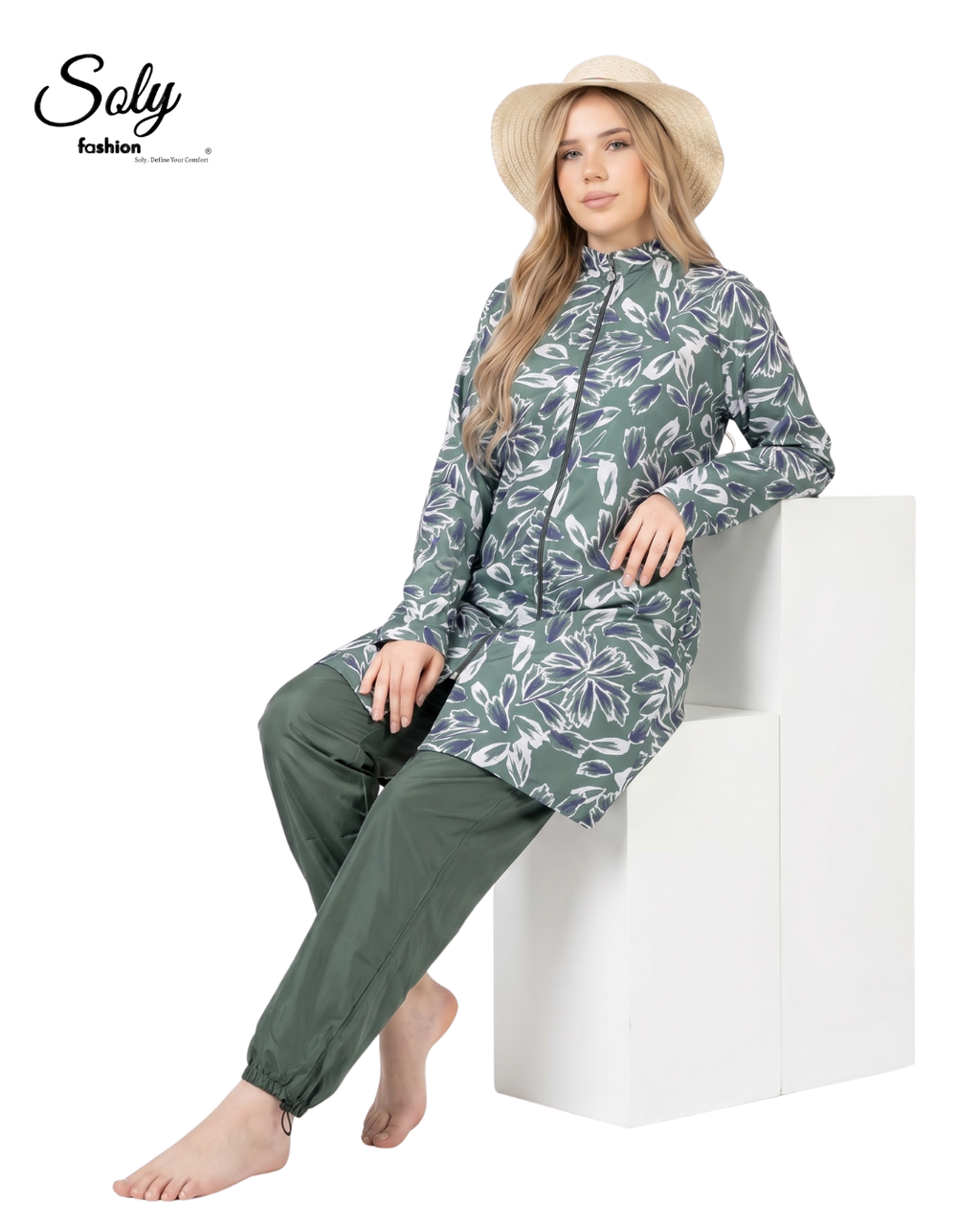 Midnight Daisy 3-Piece Burkini - Long Tunic Modest Swimsuit with Adjustable Leggings