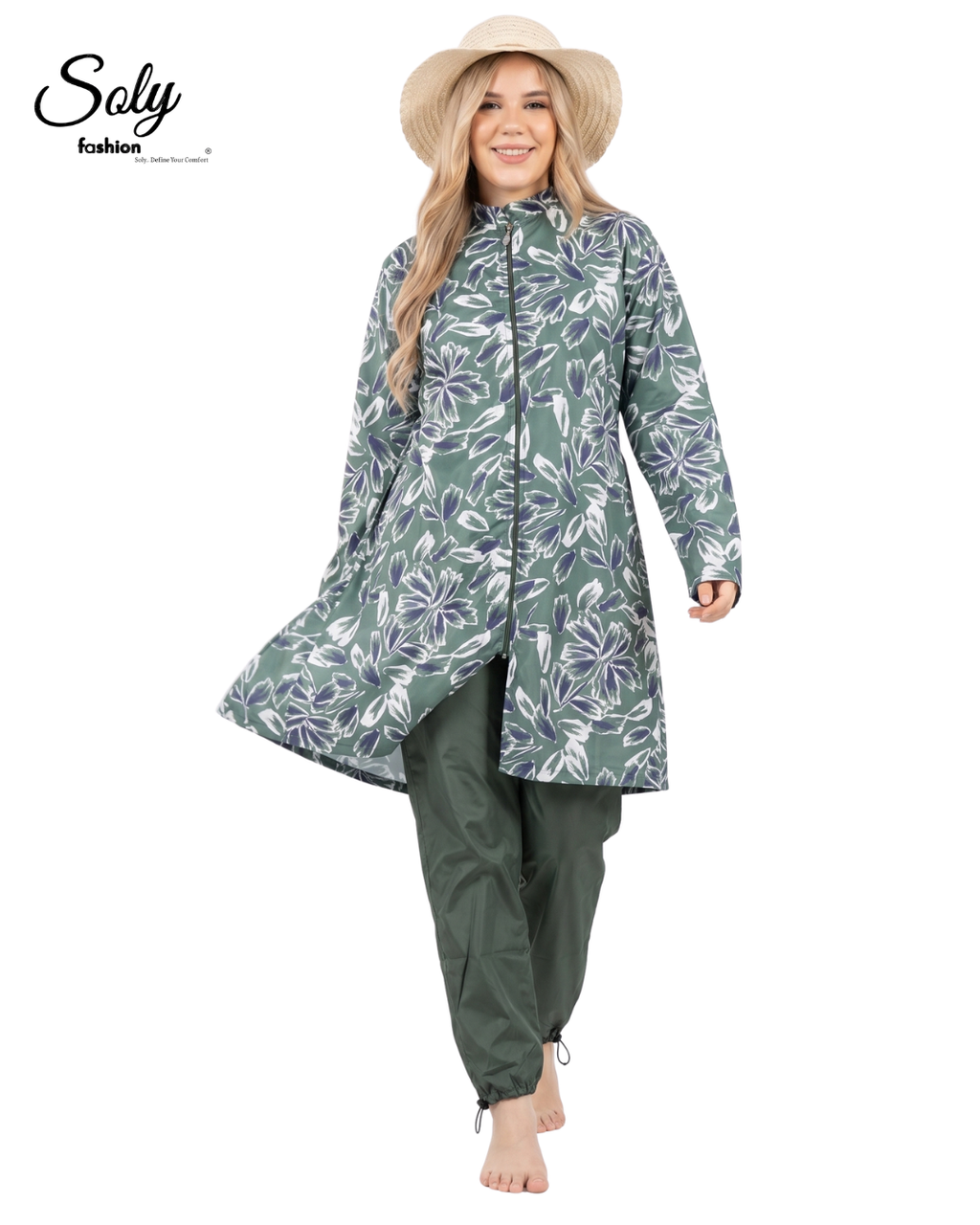 Midnight Daisy 3-Piece Burkini - Long Tunic Modest Swimsuit with Adjustable Leggings