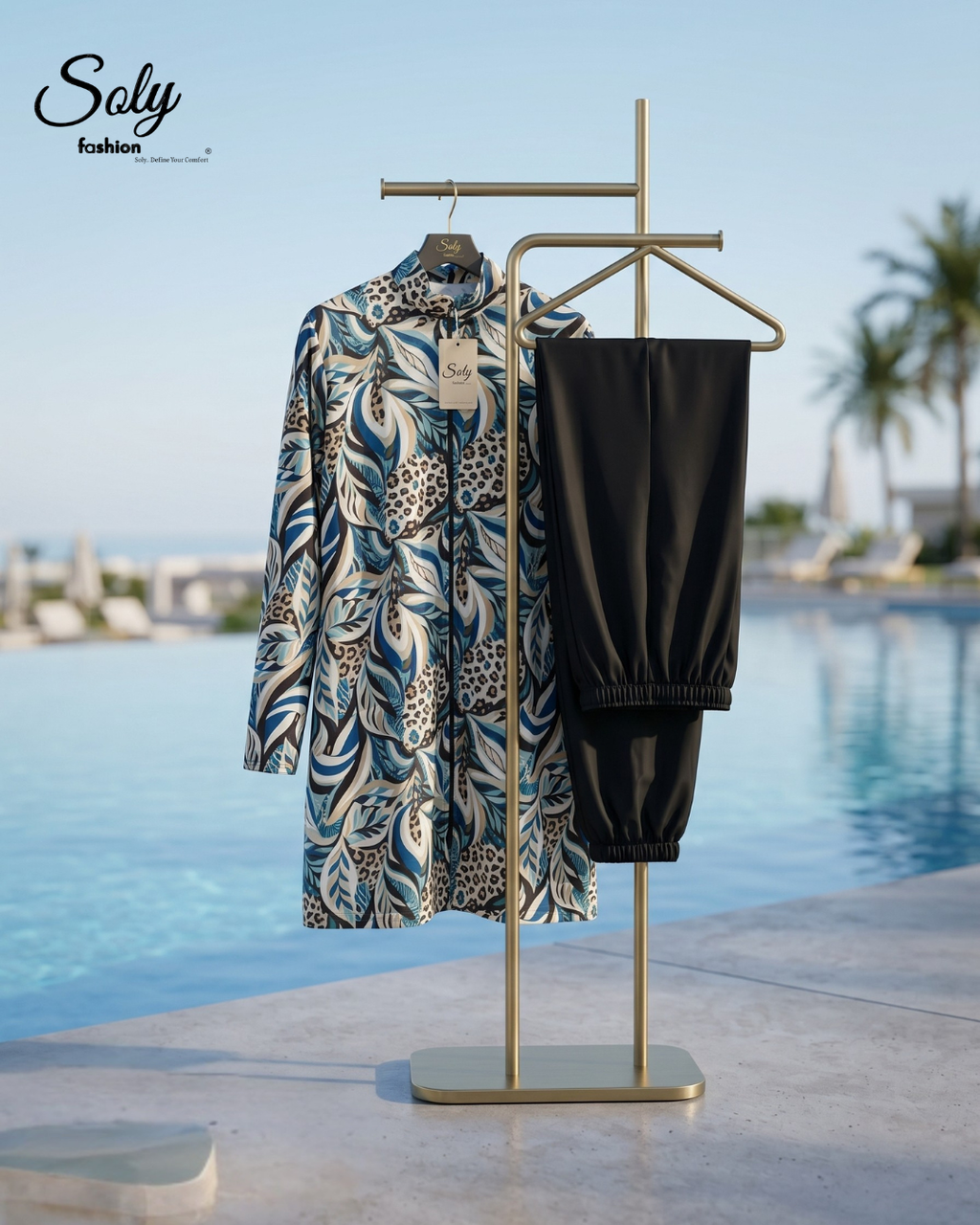 Classic Feather Print 3-Piece Burkini - Modest Swimsuit