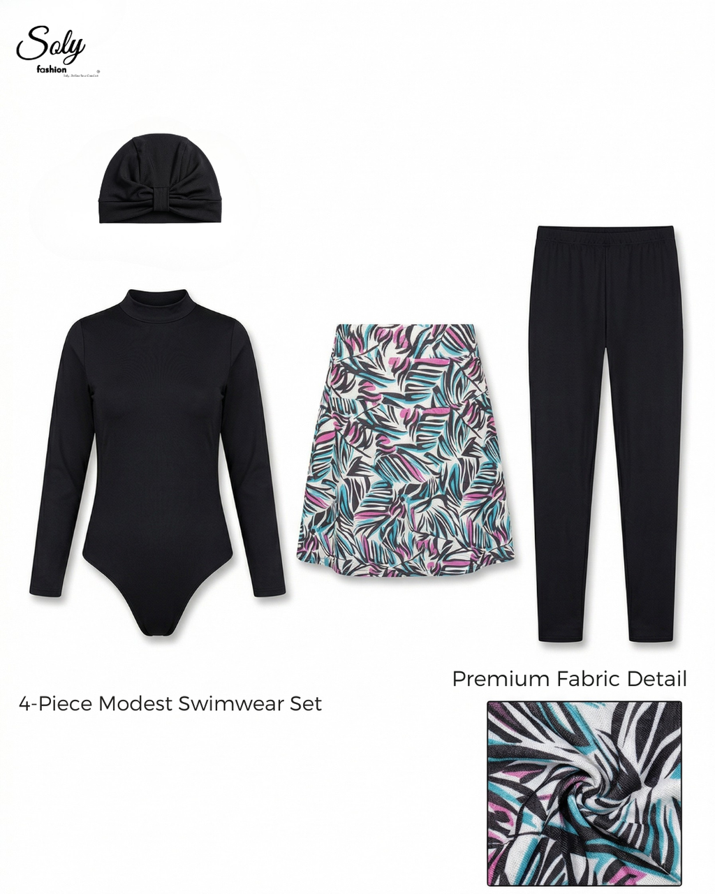 Printed Skirt Burkini Set - 4-Piece Modest Swimsuit with Solid Black Tunic