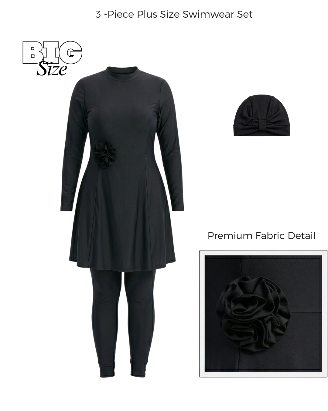 Premium Plus Size Burkini – Solid 3-Piece Set