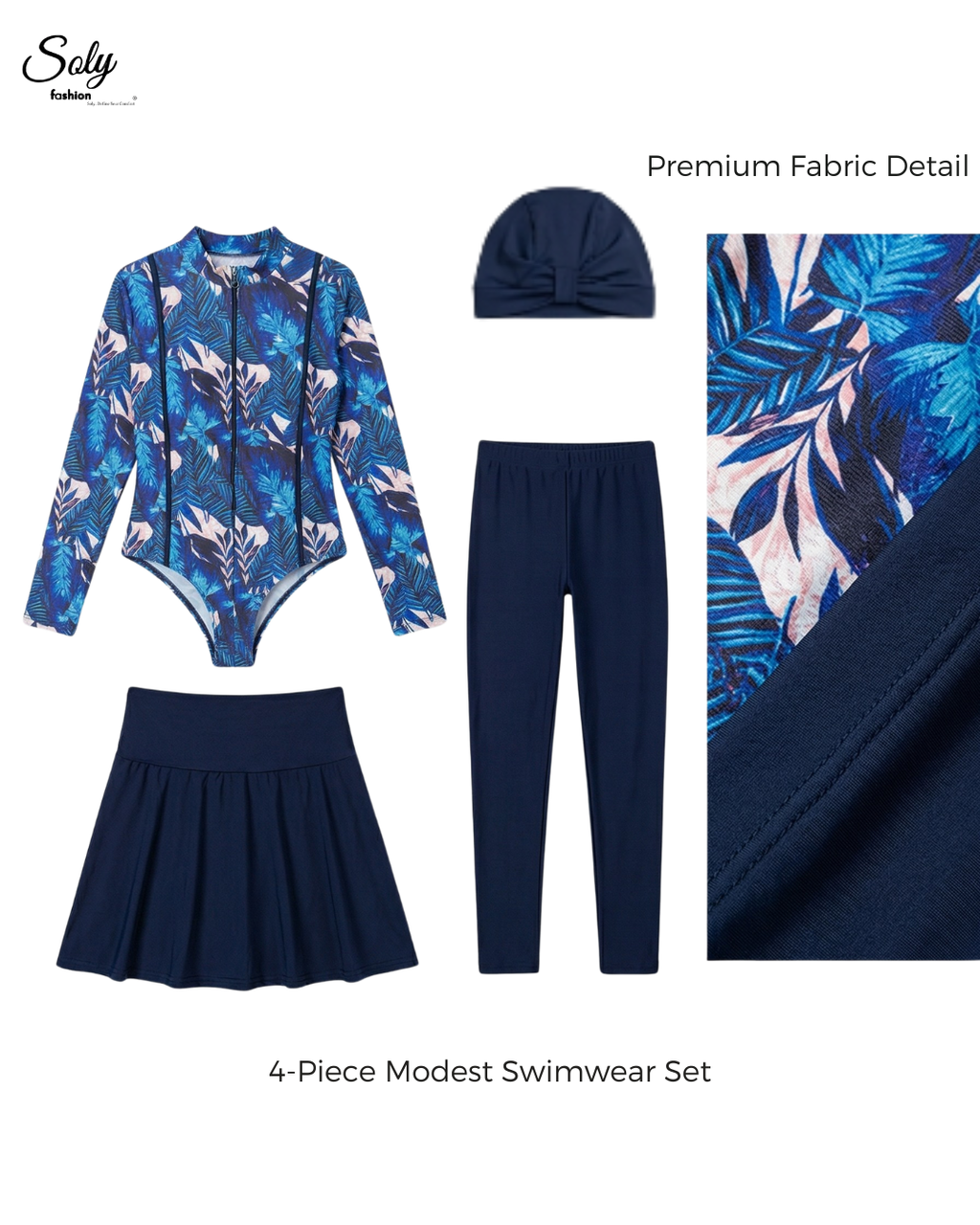 Royal Blue Palm Leaf Burkini - 4-Piece Modest Swimsuit