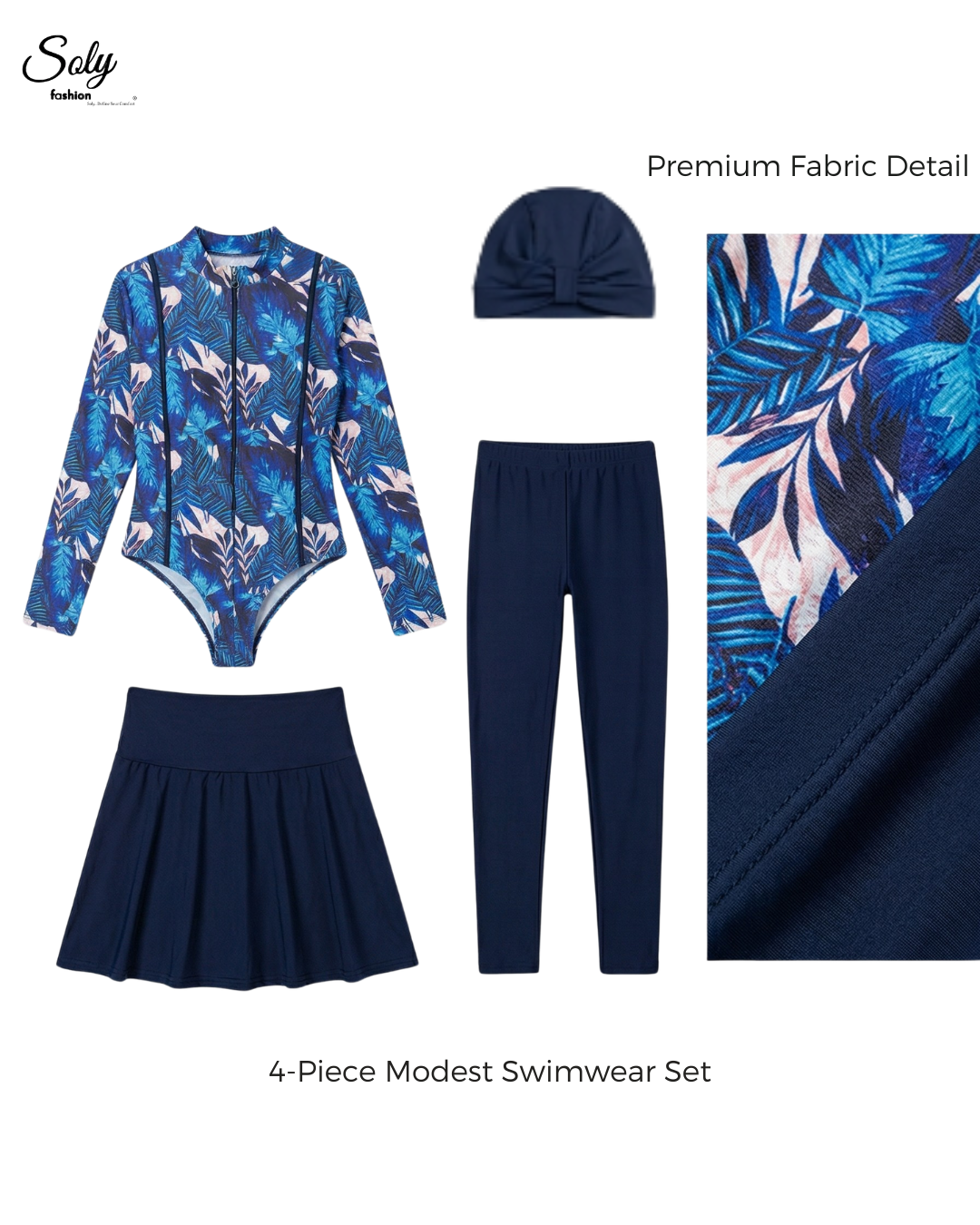 Royal Blue Palm Leaf Burkini - 4-Piece Modest Swimsuit