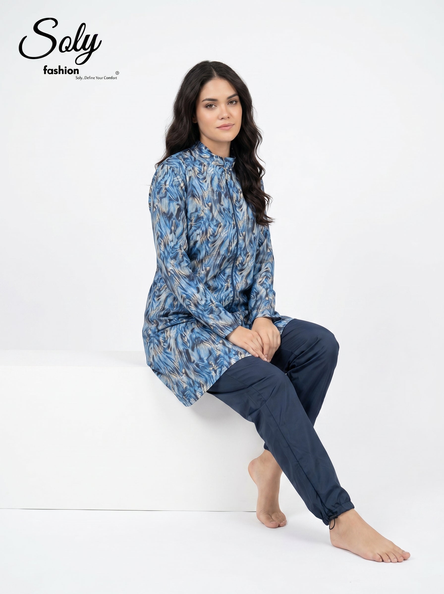 Ocean Marble 3-Piece Burkini - Modest Swimwear with Adjustable Cuffs