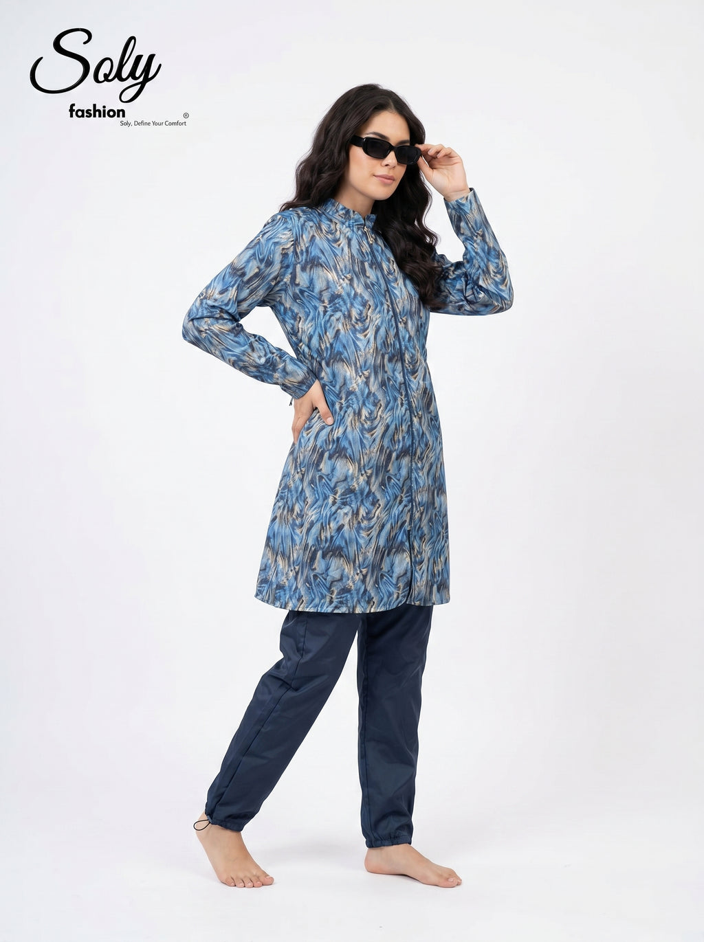 Ocean Marble 3-Piece Burkini - Modest Swimwear with Adjustable Cuffs