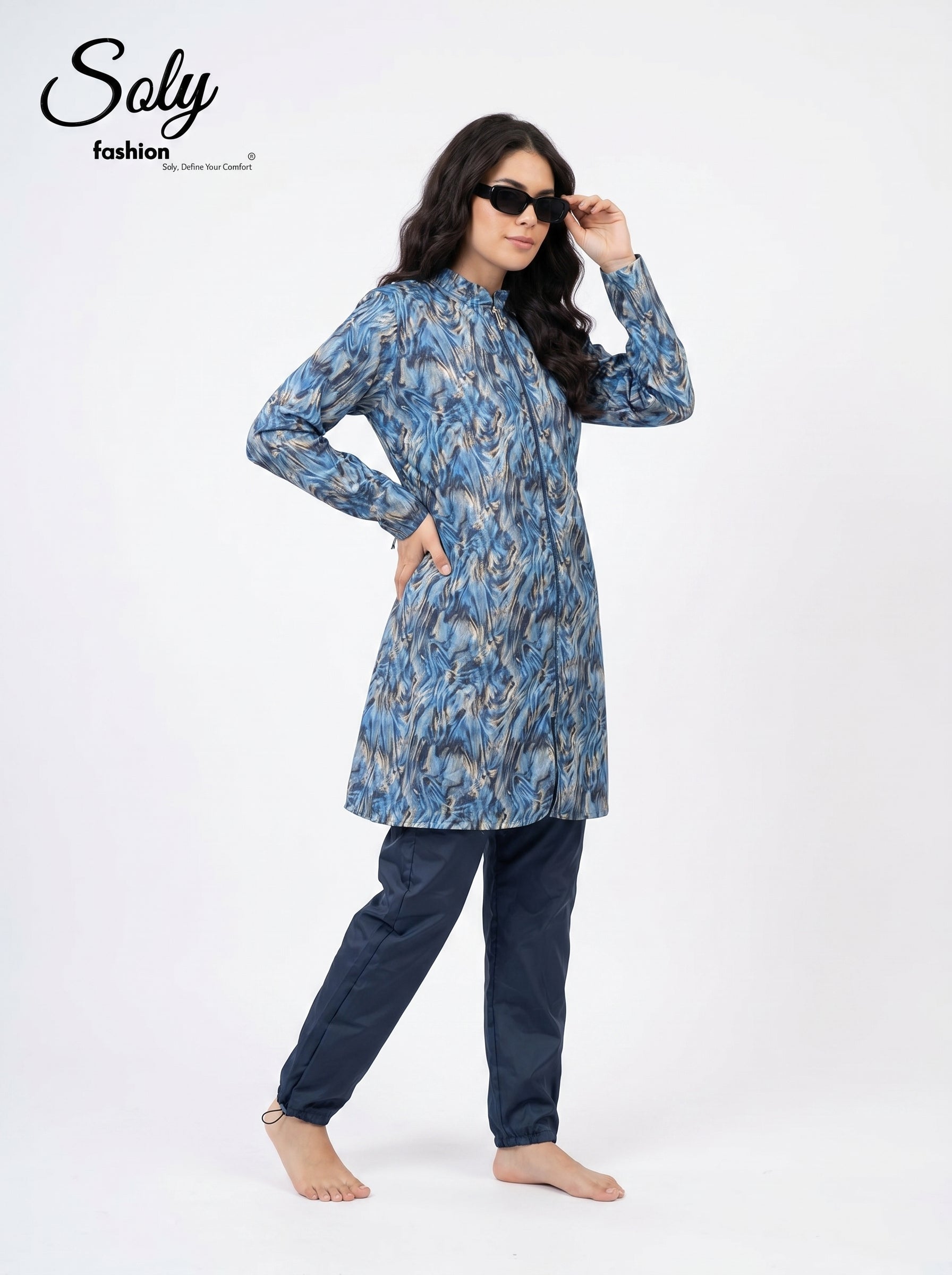Ocean Marble 3-Piece Burkini - Modest Swimwear with Adjustable Cuffs
