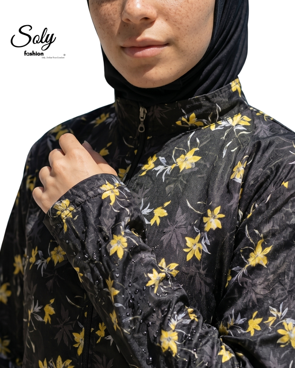 Elegant Yellow Floral 3-Piece Burkini - Long Tunic Modest Swimsuit with Adjustable Ankles